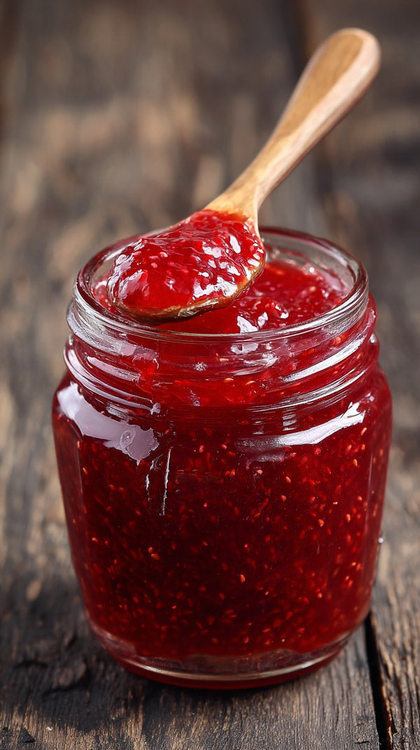 A Jar Of Homemade Strawberry Jam With A Wooden Spoon Resting On Top Placed On A Wooden Surface — Stock Photo