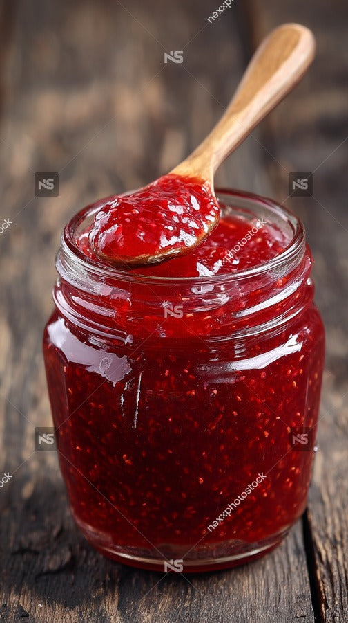 A Jar Of Homemade Strawberry Jam With A Wooden Spoon Resting On Top Placed On A Wooden Surface — Stock Photo