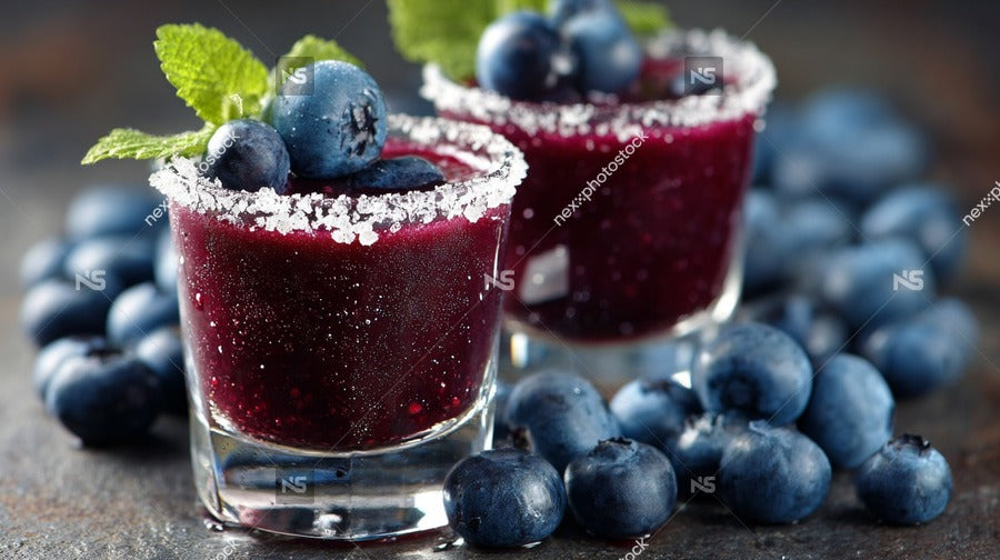 Blueberry Margarita Shots With Blueberries And Mint Leaves Garnished With A Sprinkle Of Salt On The Rim Served In Clear Shot Glasses — Stock Photo