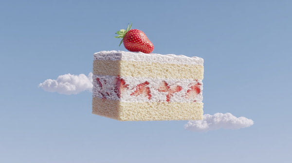 A Large Delicious Looking Strawberry Cake With Whipped Cream And A Strawberry On Top Is Floating In The Sky Against A Blue Background — Stock Photo