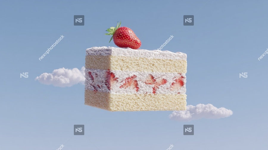 A Large Delicious Looking Strawberry Cake With Whipped Cream And A Strawberry On Top Is Floating In The Sky Against A Blue Background — Stock Photo