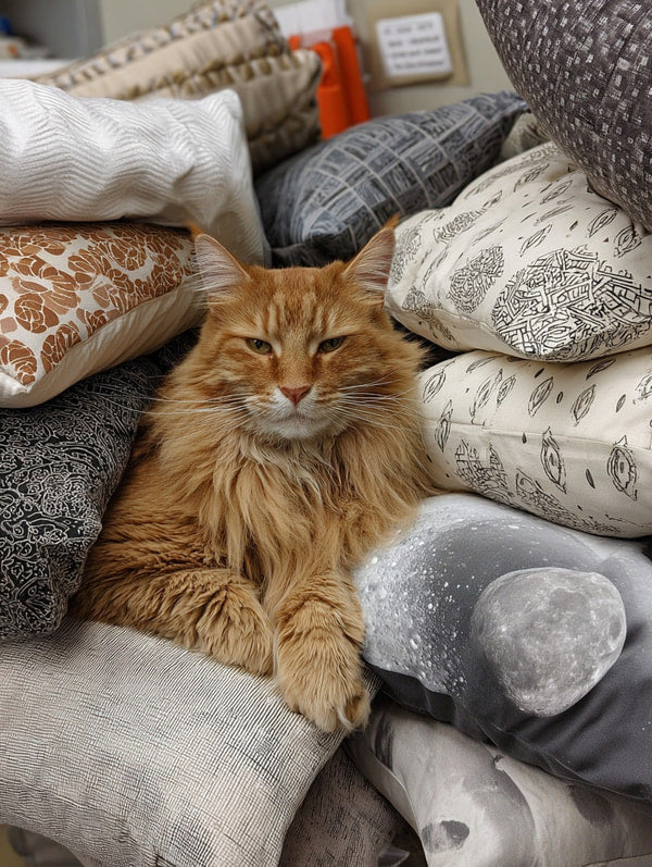 An Orange Cat Sits Amidst A Pile Of Pillows Surrounded By An Assortment Of Colorful And Patterned Fabric Items — Stock Photo
