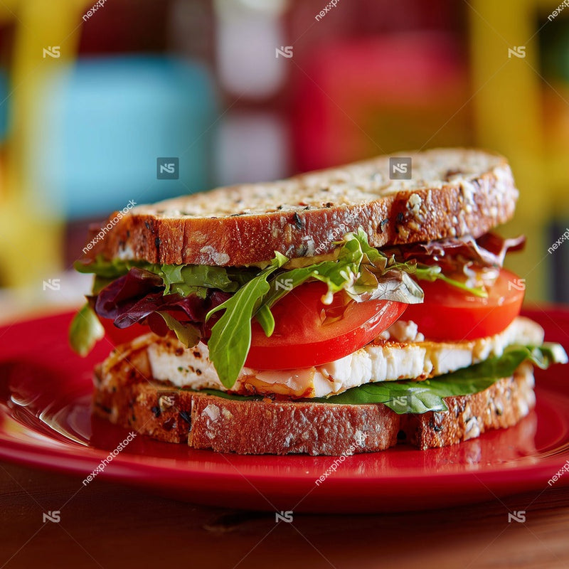 A Grilled Sandwich On A Red Plate Cut In Half And Served With A Side Of Salad — Stock Photo