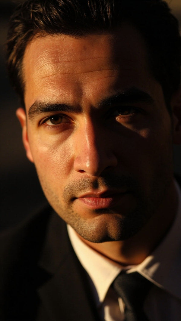 A Man In A Suit Is Captured In A Close Up Portrait Exuding An Air Of Seriousness And Intensity — Stock Photo