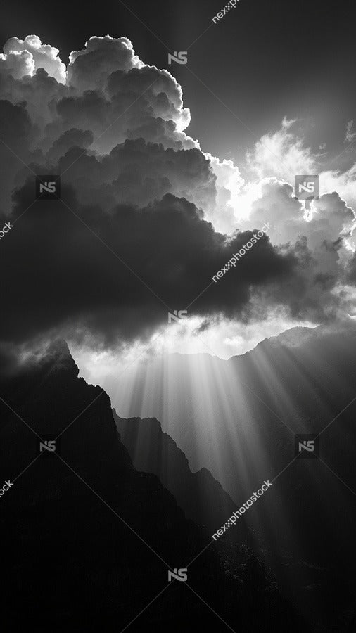 A Black And White Photograph Captures A Sunbeam Piercing Through Clouds Casting A Striking Contrast Against The Dark Sky — Stock Photo