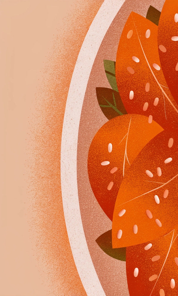 Orange Slices On A White Plate With A Strawberry Slice In The Center Against A Light Blue Background — Stock Illustration