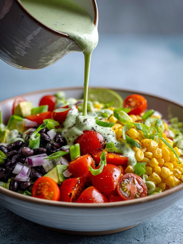 A Bowl Of Salad With Dressing Being Poured Over It — Stock Photo