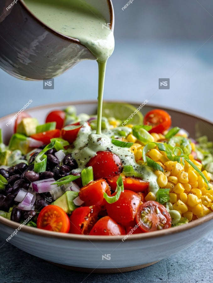 A Bowl Of Salad With Dressing Being Poured Over It — Stock Photo