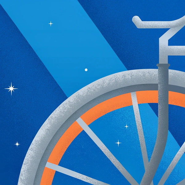 A Stylized Illustration Of A Bicycle With An Orange Wheel And A Blue Background A Starry Sky Presented In A Top Down Perspective — Stock Illustration