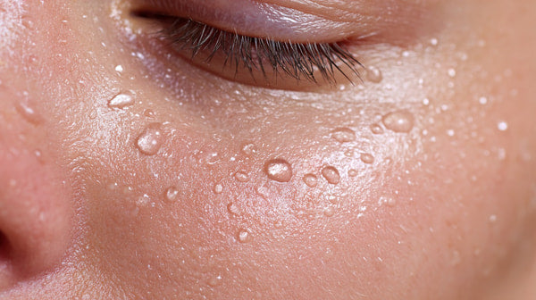 Close Up Of A Person S Face With Visible Droplets Of Sweat Due To Physical Exertion Emotional Distress — Stock Photo