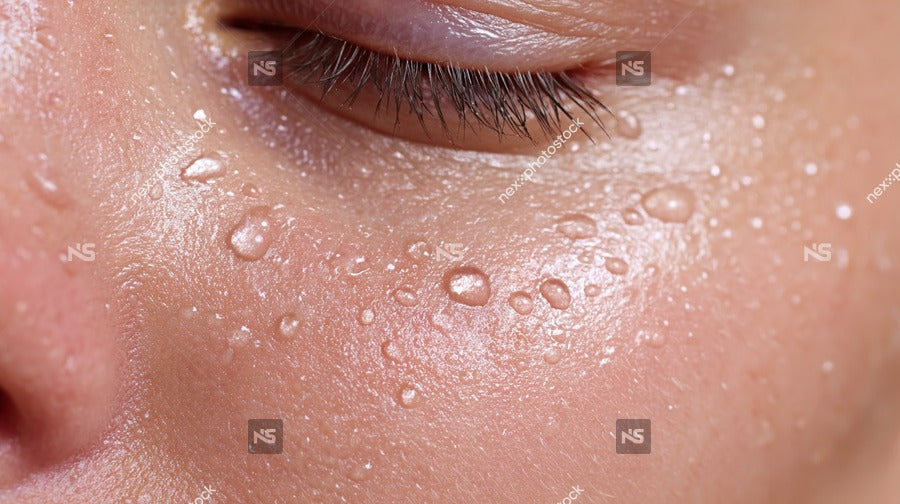 Close Up Of A Person S Face With Visible Droplets Of Sweat Due To Physical Exertion Emotional Distress — Stock Photo