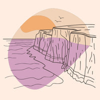 Digital Illustration Of A Cliff Overlooking An Ocean During Sunset With A Purple And Pink Gradient Sky In The Background — Stock Vector