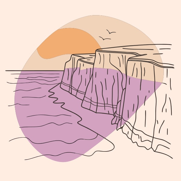 Digital Illustration Of A Cliff Overlooking An Ocean During Sunset With A Purple And Pink Gradient Sky In The Background — Stock Vector