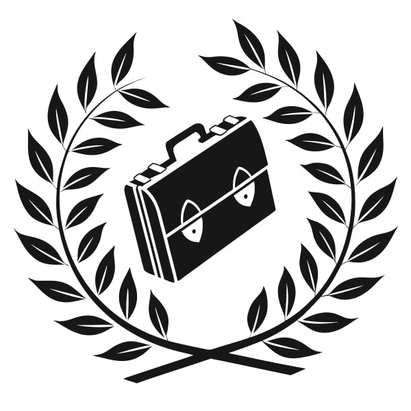 Black And White Illustration Of A Suitcase With A Luggage Tag Accompanied By A Laurel Wreath And Leaves — Stock Vector