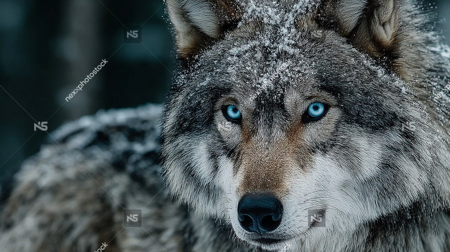 A Wolf With Striking Blue Eyes Captured In A Close Up Shot Against A Snowy Backdrop — Stock Photo
