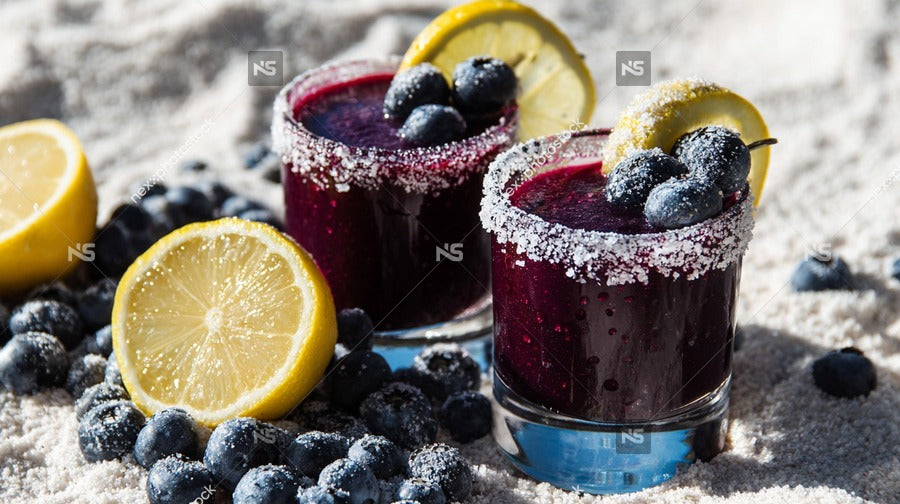 Two Glasses Of Blueberry Mojito Cocktails On A Beach With Lemon Slices And Blueberries In The Background — Stock Photo