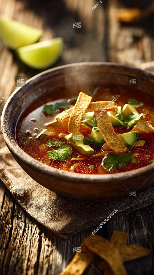 A Bowl Of Mexican Chili Topped With Tortilla Chips Placed On A Wooden Table — Stock Photo