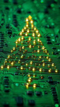 A Circuit Board With A Green Christmas Tree And Three Gold Lights Set Against A Black Background — Stock Photo