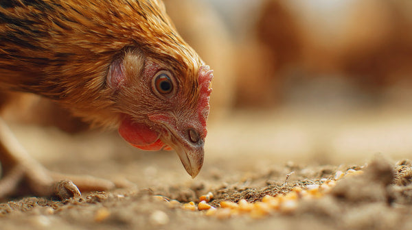 A Close Up Image Of A Chicken Pecking At Grain With A Focus On The Bird S Beak And The Surrounding Grains — Stock Photo