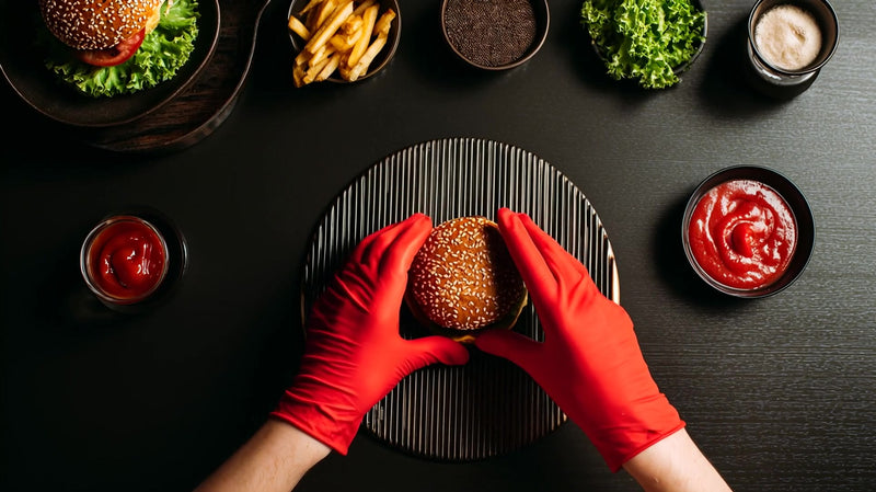 a photograph that captures a close up view of a person wearing red gloves and holding a burger on a black plate - Stock Video