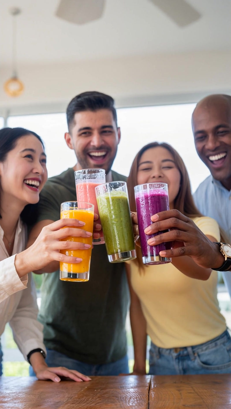 a group of people are gathered around a table holding up glasses filled with colorful smoothies - Stock Video