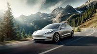 An Electric Car Driving Down A Mountain Road With Snow Capped Mountains In The Background — Stock Photo