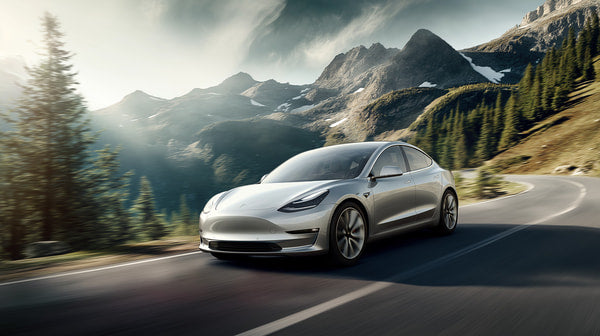 An Electric Car Driving Down A Mountain Road With Snow Capped Mountains In The Background — Stock Photo