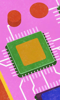 A Microchip With Red Circles In A Circuit Board Design Set Against A Colorful Background — Stock Illustration