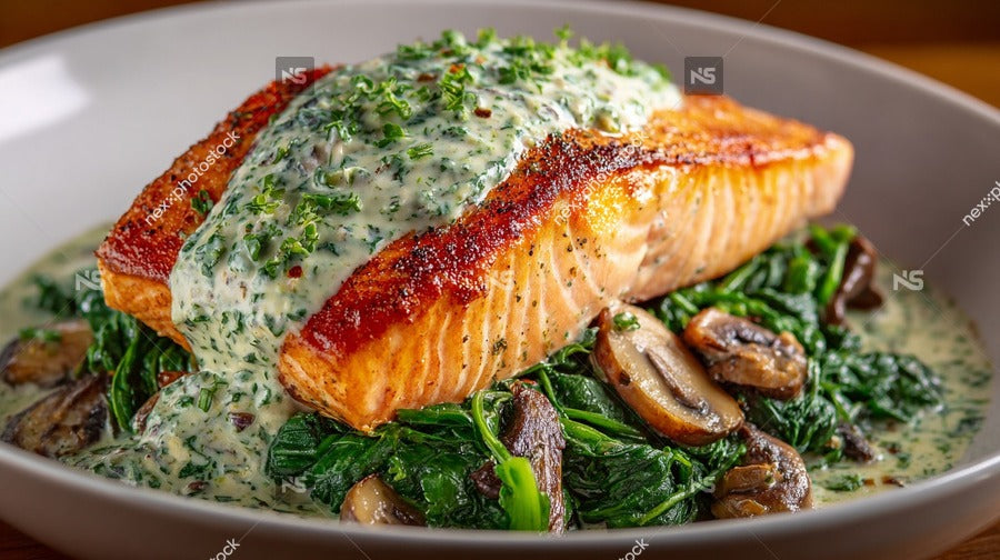 A Plate Of Salmon Topped With Spinach And Dill Sauce Served On A White Plate — Stock Photo