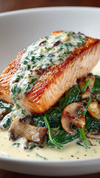 A Plate Of Salmon Topped With Spinach And Mushrooms Served On A White Plate — Stock Photo