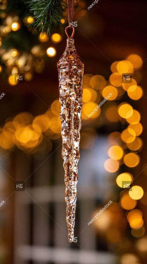 Christmas Tree Ornament With Icicles Hanging From It Against A Festive Background Of Lights And Decorations — Stock Photo