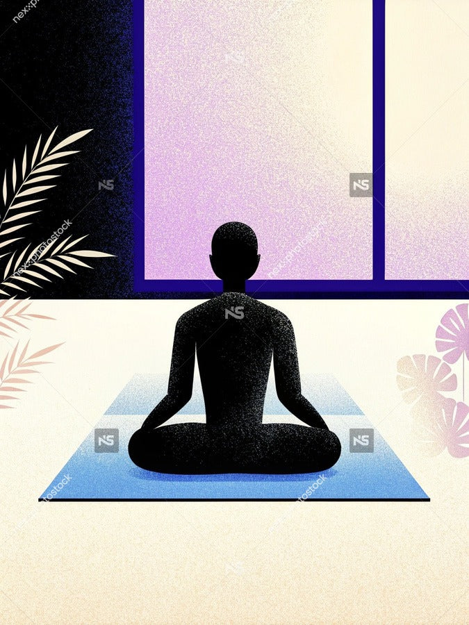 Meditation Room With A Person In Lotus Pose Purple Background Yoga Mat Window And Plants — Stock Illustration