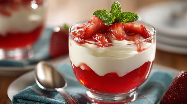 Strawberry Shortcake Dessert With Whipped Cream And Berries Served In A Glass Dish On A Table — Stock Photo