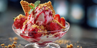 Strawberry Ice Cream Sundae With Whipped Cream In A Glass Bowl On A Table — Stock Photo