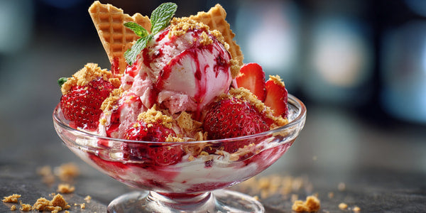 Strawberry Ice Cream Sundae With Whipped Cream In A Glass Bowl On A Table — Stock Photo