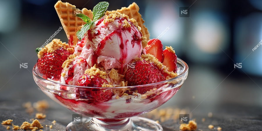 Strawberry Ice Cream Sundae With Whipped Cream In A Glass Bowl On A Table — Stock Photo