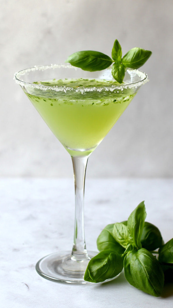Showcases A Cocktail Garnished With Mint Leaves And A Slice Of Lemon Served In A Martini Glass On A White Surface — Stock Photo