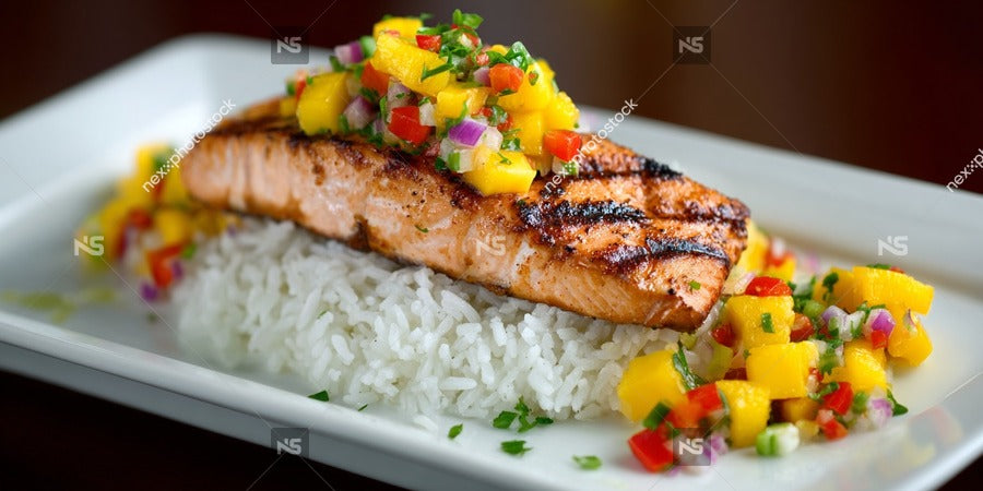 Grilled Salmon Served With White Rice And Salsa Garnished With Fresh Herbs — Stock Photo
