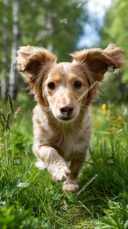 A Brown Dog Is Captured Mid Run Through A Grassy Field With Its Ears Flapping In The Wind — Stock Photo