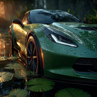 Green Sports Car Parked In Waterlogged Area With Droplets Of Rain On Hood And Leaves Floating Nearby — Stock Photo