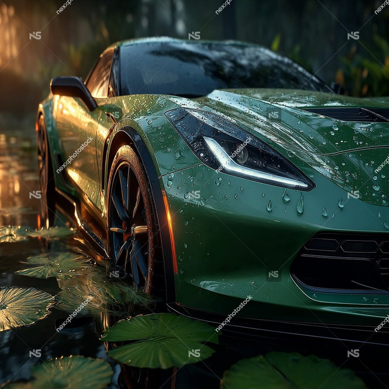 Green Sports Car Parked In Waterlogged Area With Droplets Of Rain On Hood And Leaves Floating Nearby — Stock Photo