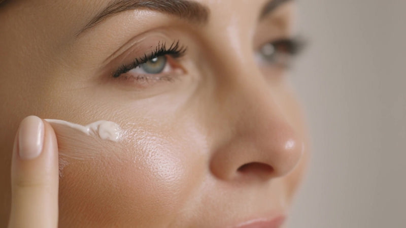 a woman applying skincare product to her face with a close up view of her eyes and nose - Stock Video