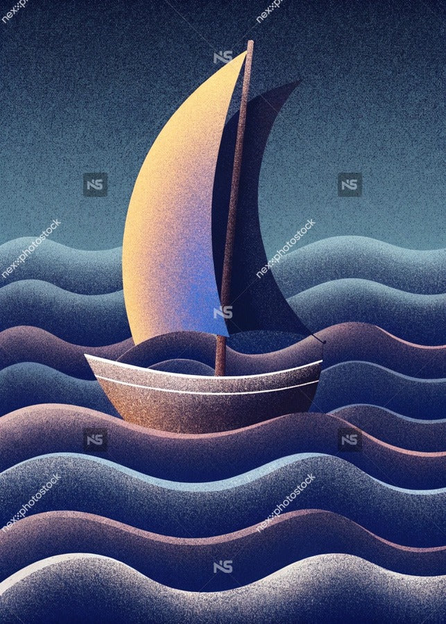 A Sailboat In A Stylized Illustration Floating On A Body Of Water Under A Dark Sky — Stock Illustration