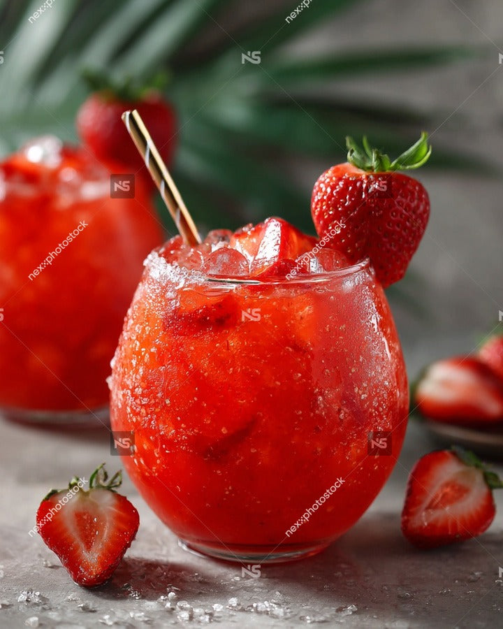 Red Strawberry Cocktail In A Glass With Ice And Garnish Served On A Table With Sliced Strawberries Around It — Stock Photo