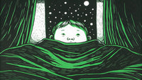 A Black And White Illustration Of A Child Sitting In Bed At Night Looking Out The Window With Trees Outside — Stock Illustration