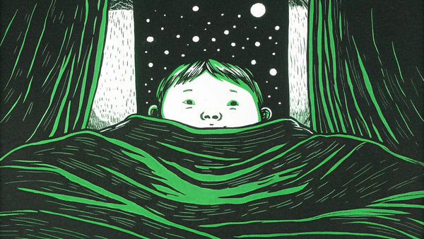 A Black And White Illustration Of A Child Sitting In Bed At Night Looking Out The Window With Trees Outside — Stock Illustration
