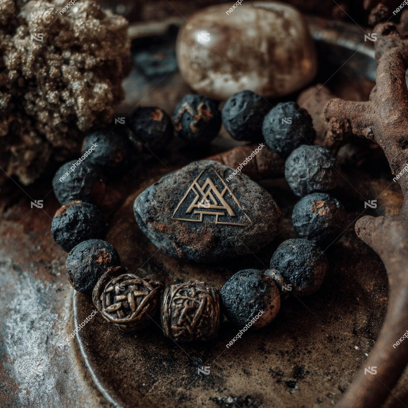 Rustic Charm Bracelet With Amber Stone And Trinity Knot Pendant On A Table With Other Rustic Items — Stock Photo