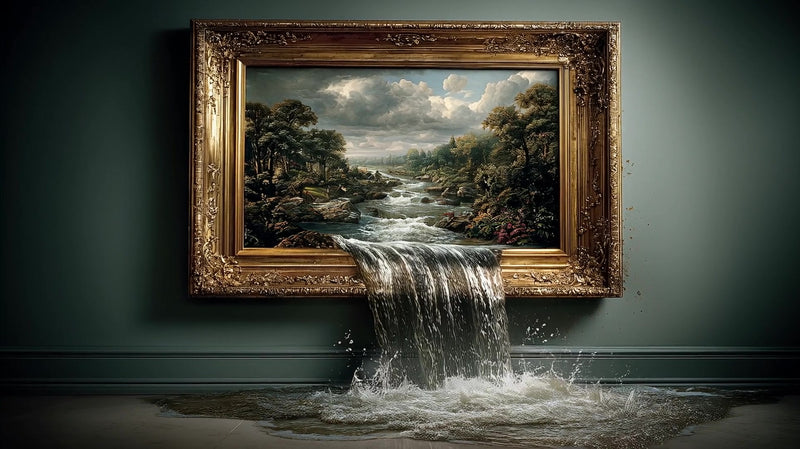 a waterfall pouring from a painting onto the floor creating a and surreal scene - Stock Video