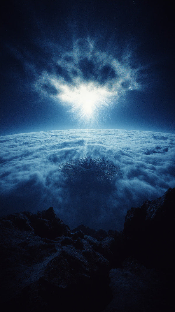 A Cosmic Perspective Of A Celestial Scene A Vast Blue Sky And A Bright Sun In The Distance With A Cloudy Background — Stock Photo