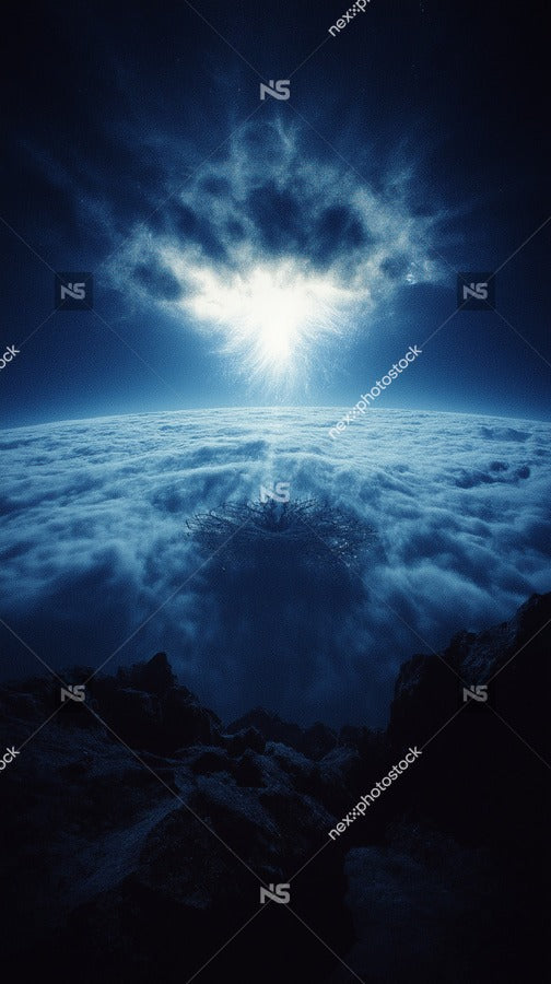 A Cosmic Perspective Of A Celestial Scene A Vast Blue Sky And A Bright Sun In The Distance With A Cloudy Background — Stock Photo